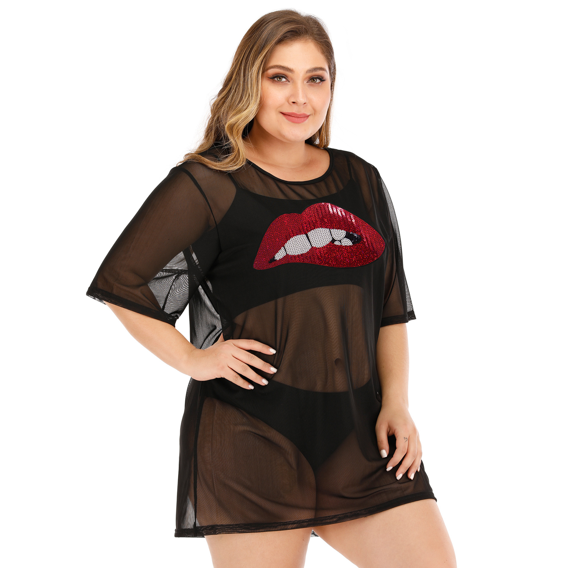 Large Size Sequined Lips Applique Sexy See-Through Mesh Short Simple T-Shirt NSOY27390