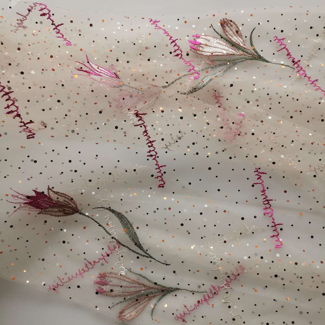 仙款锦加强网底布大郁丁香花字母撞色立体刺绣大小圆点冲片 现货