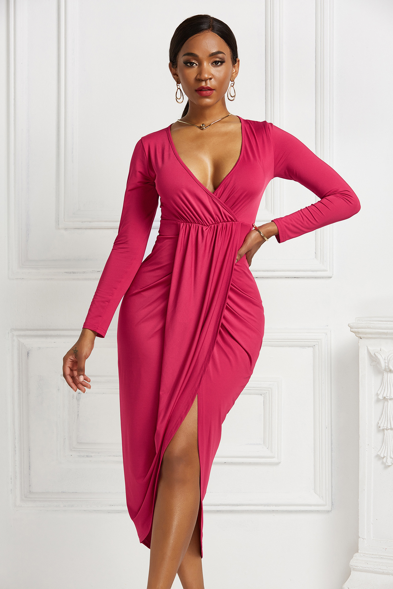 autumn and winter solid color new sexy tight-fitting long-sleeved V-neck dress NSLM30290