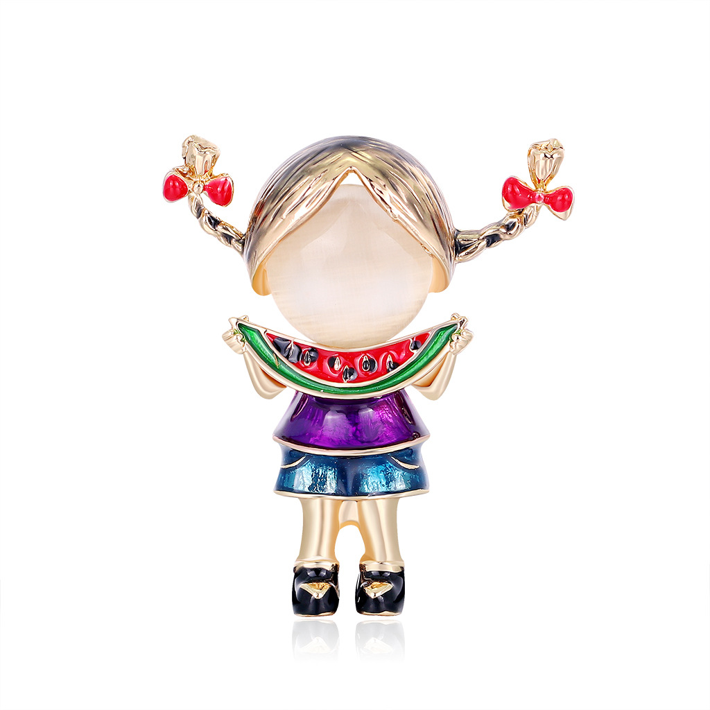 Korean Edition Cartoon fashion Eating watermelon girl Brooch Versatile alloy Drip Opal lady Sternum Pin