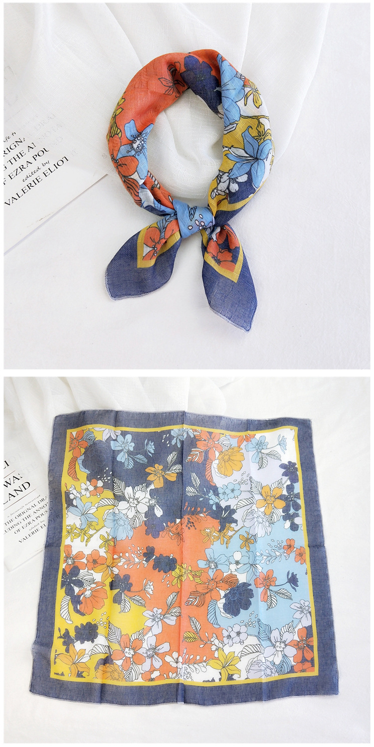 50g Weight Silk Scarf Classification Travel Occasion Unisex Gender Printing Design Sweet Style Grey&Pink, Grey, White, Purple, Green, Blue, Camel, Yellow, Black Color Cotton Linen Small Square Scarf 9