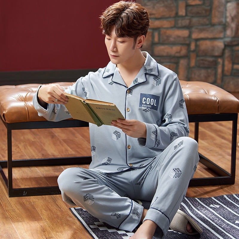 Mangas largas 100% algodón hombre pijama primavera y otoño cardigan suelto juvenil más grande traje de invierno