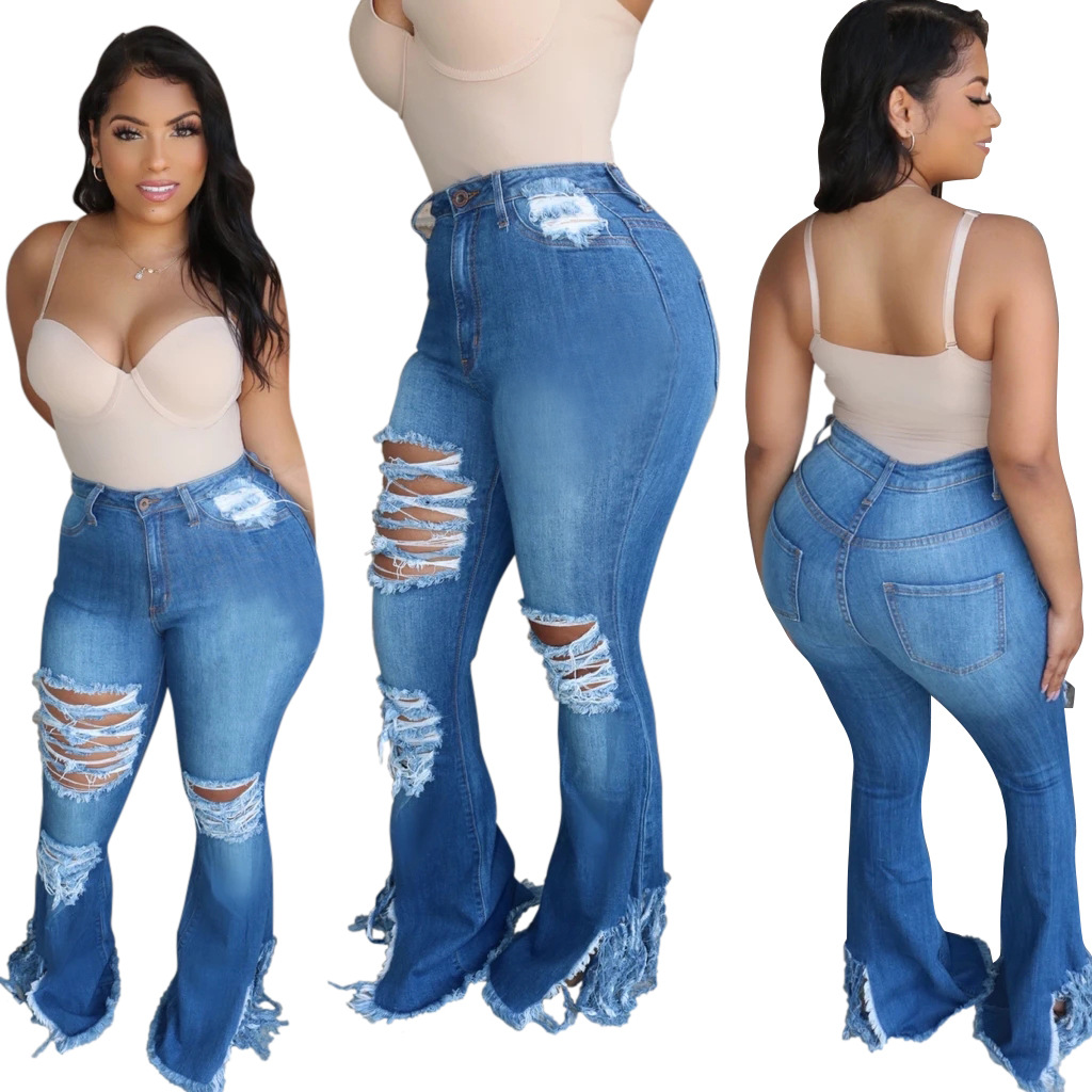 all-match washable ripped fringed bell bottom jeans wholesale women s clothing Nihaostyles NSSF68451