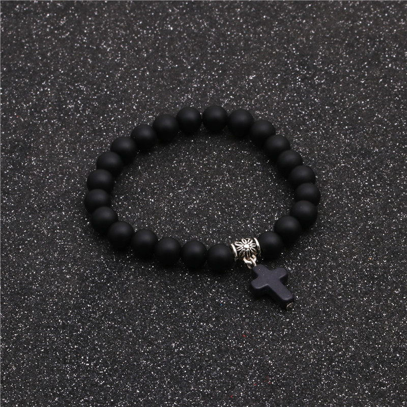 Fashion Black Matte Beaded DIY Bracelet Cross Pendant Menu0026#39;s Bracelet