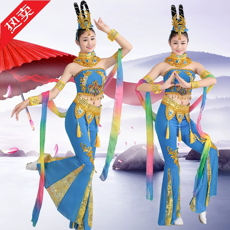 Новый Dunhuang Apsara танцевальный костюм Пипа для взрослых детей ТРУБА Топ Этническая Одежда для выступлений синий ханьфу женщины