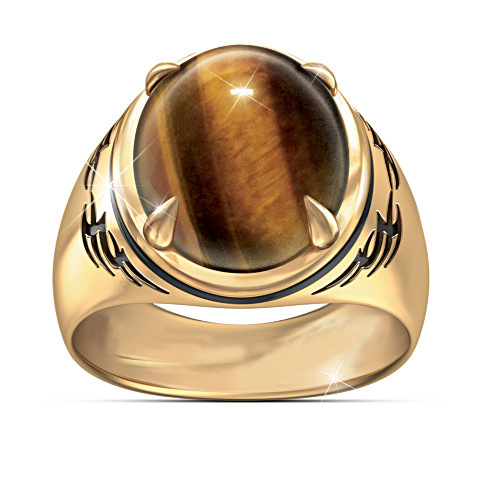 Plated 24k Gold Natural Real Tiger's Eye Ring Etched Tribal Tattoo Style Men's Ring display picture 1