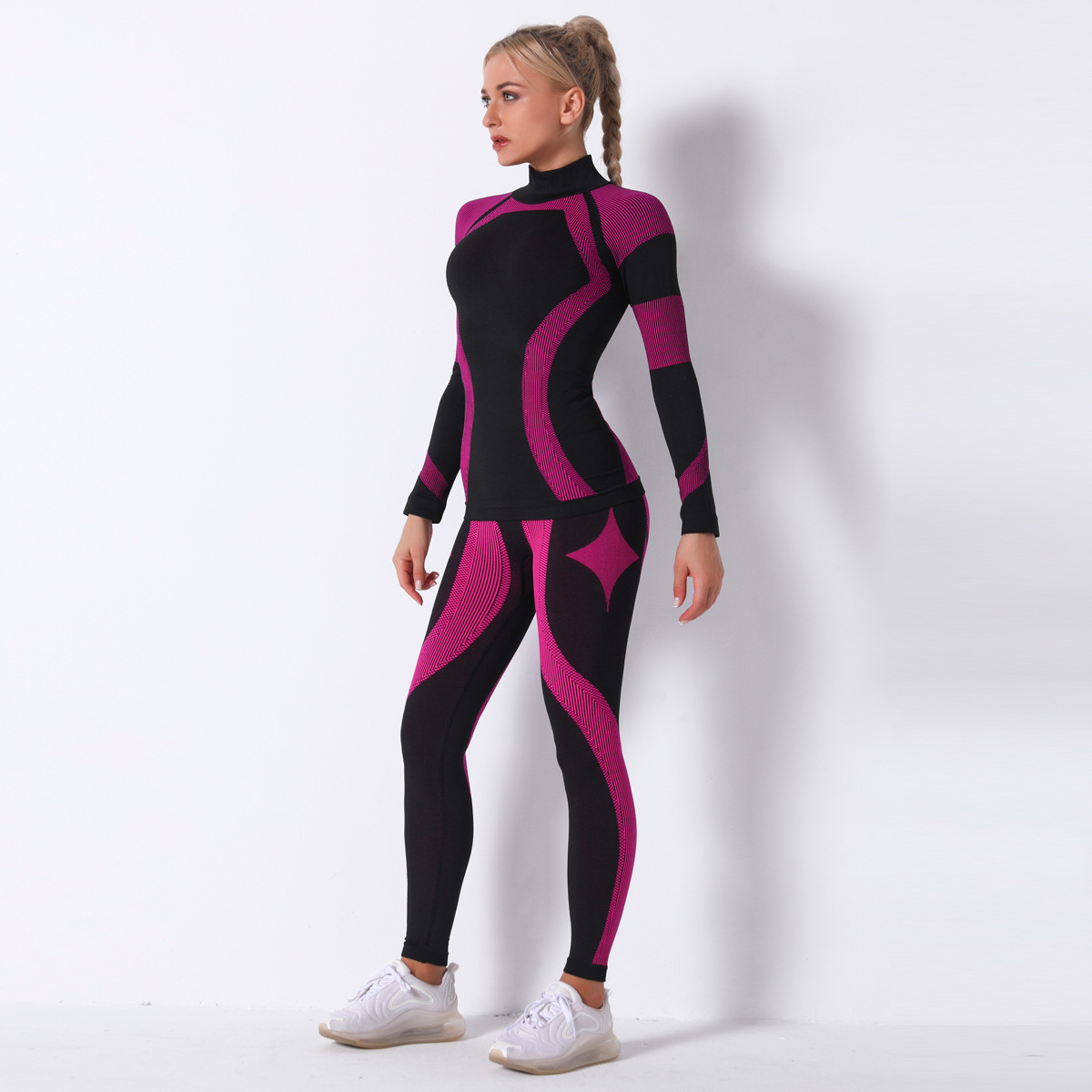 seamless knitted striped long-sleeved two-piece sports yoga suit NSLX9016