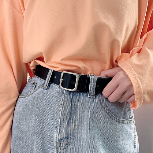 Korean style new belt chic retro style rectangular silver buckle female belt student wide belt jeans