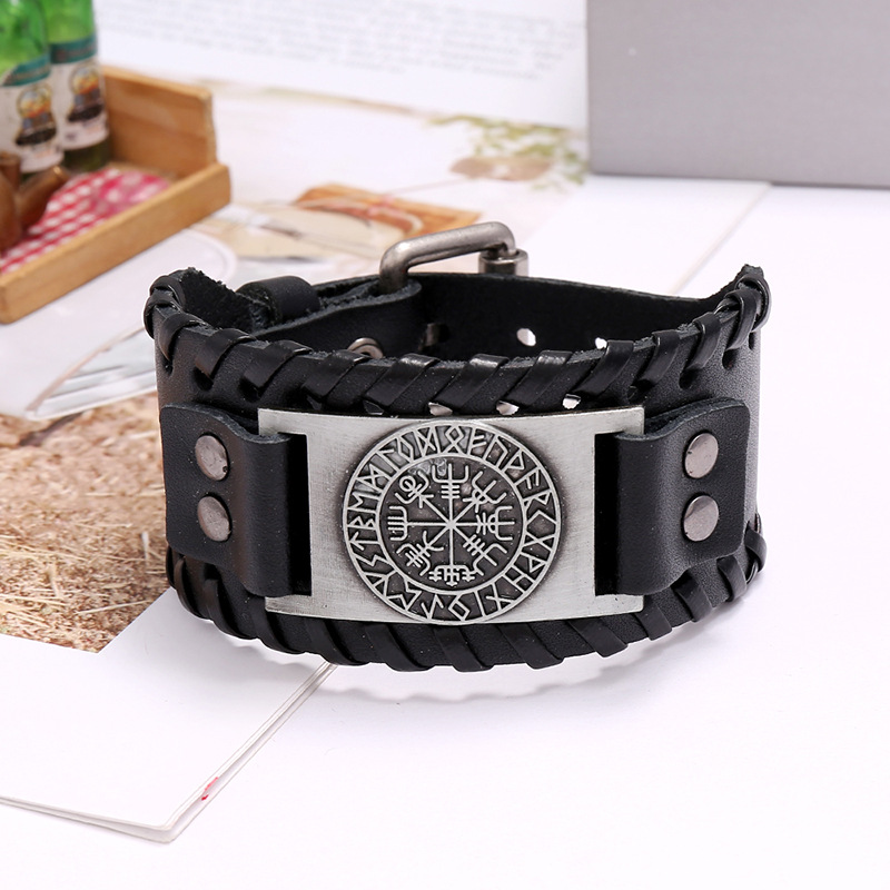 Grenz Überschreiten Der Neuer Schmuck Nordic Viking Pirate Rindsleder Armband Retro Gewebter Kompass Herren Leder Armband display picture 3