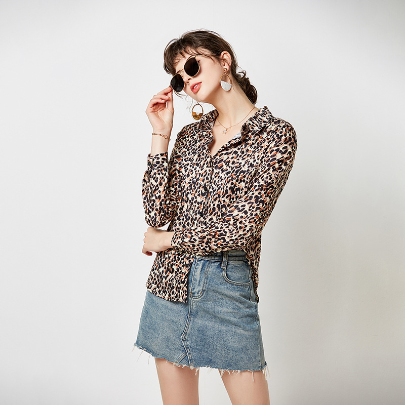 leopard print long-sleeved lapel chiffon shirt  NSGE35117