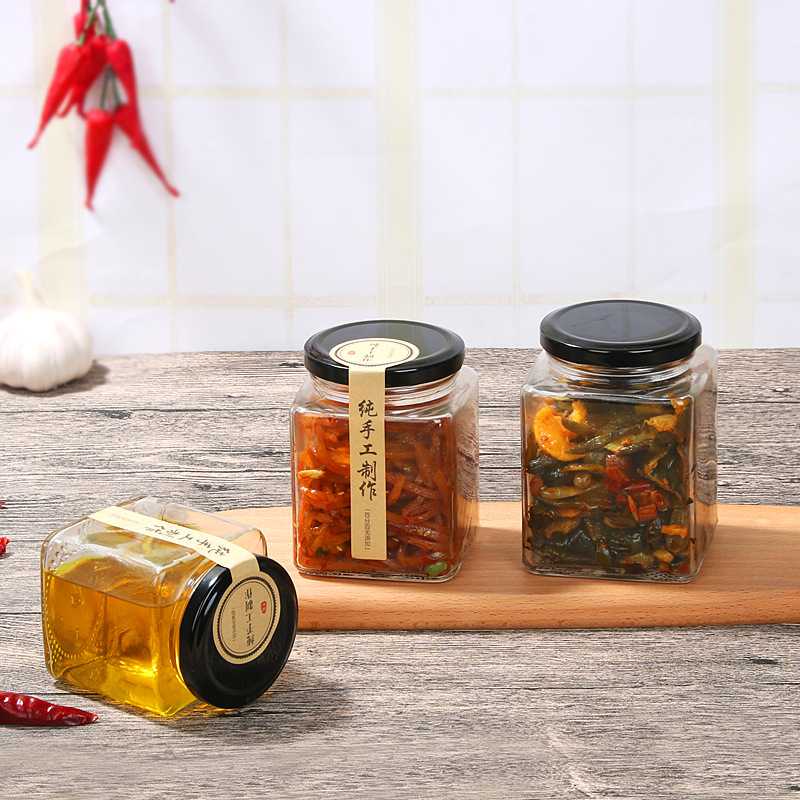 批发玻璃蜂蜜瓶腐乳200ml方形酱菜瓶密封罐辣椒酱芝麻酱瓶果酱瓶