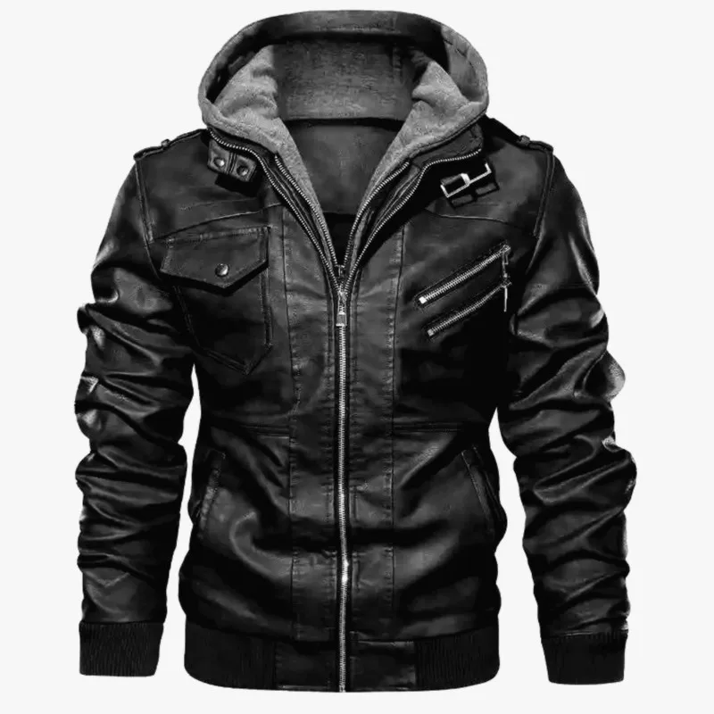 2022 spot zipper digging bags black youth lapel zipper in winter straight hooded leisure leather jacket