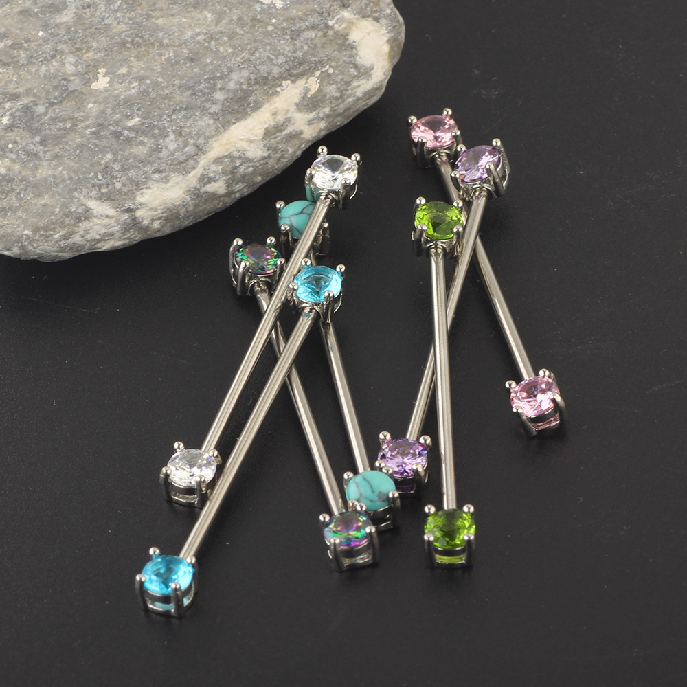 Amazon Stainless Steel European and American Stud Earrings Personalized Zircon Industrial Barbell Crossbar Piercing Jewelry detail image 10