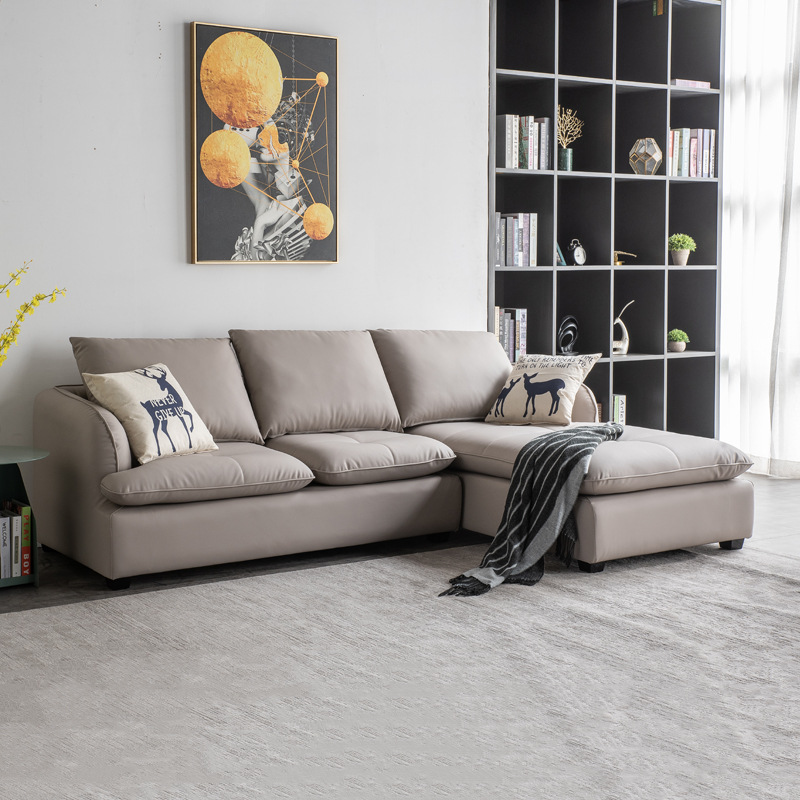 Cama doble para dormitorio principal con tapicería de cuero suave, combinación de esquina para apartamentos pequeños, superficie de contacto de cuero, sofá combinado en forma de L.