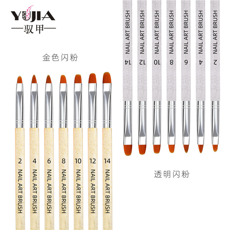 Cross-border exclusivo de 7 piezas transparente varilla de uñas pluma de fototerapia cabeza redonda en forma de lengua con brillo traje de pluma de fototerapia