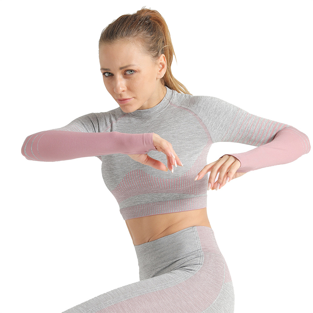 New European And American Cross-border Women's Sports Running High Elastic Tight Long Sleeve Fast Drying High Elastic Tight Yoga Training Clothes