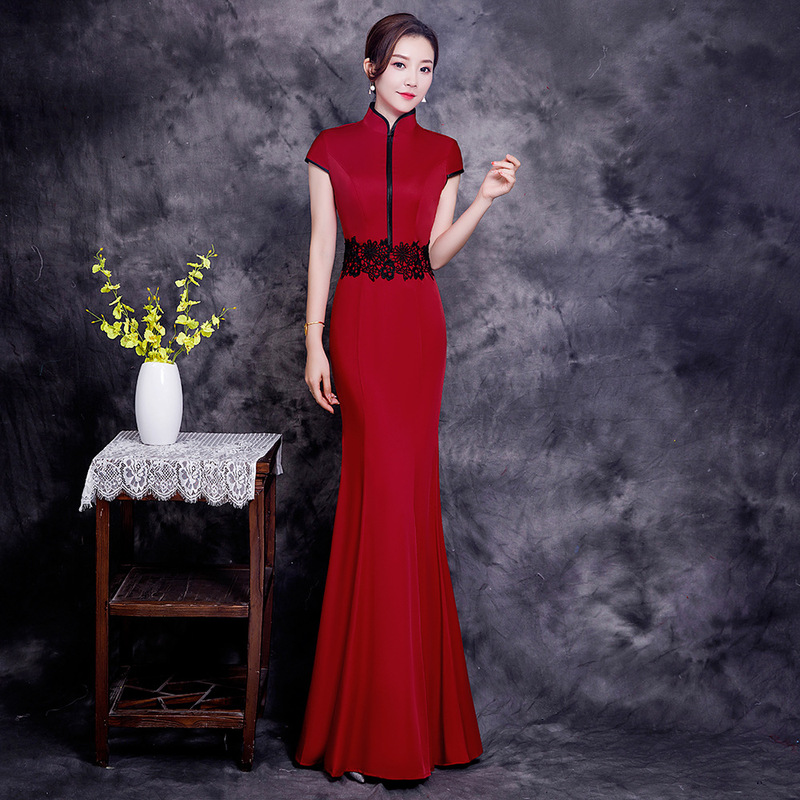 Wine red evening party  dress for women oriental qipao dresses Mermaid model team catwalk cheongsam host singers choir plus size long gown for lady 