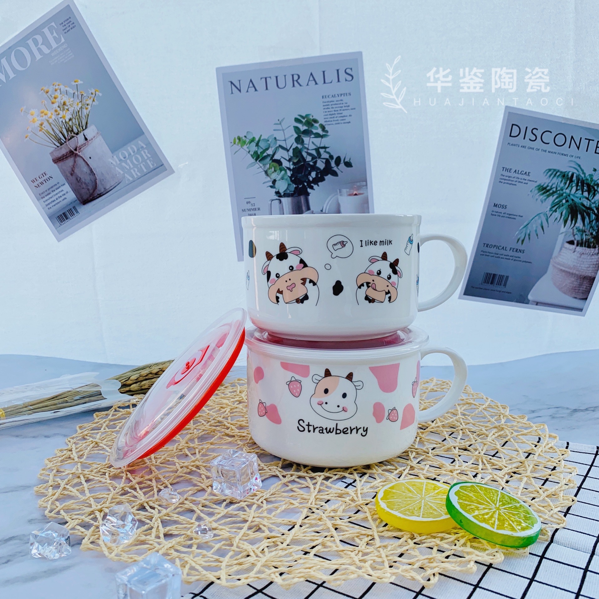 Tazón de cerámica personalizado de estilo japonés con asa, tazón para fideos instantáneos con tapa, lonchera para sopa de fideos, tazón para conservar alimentos frescos, estilo nórdico para uso doméstico.