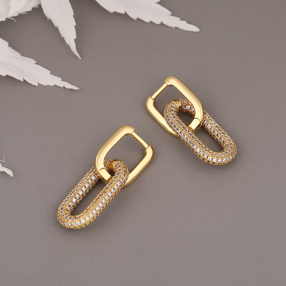 Fashion Geometric Double-ring Lock Copper Inlaid Zircon Earrings Wholesale display picture 3