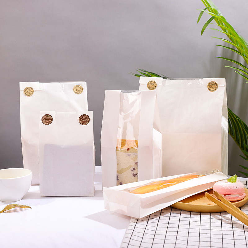 白色牛皮纸面包袋面包包装袋开窗透明烘焙食品西点打包袋手提袋