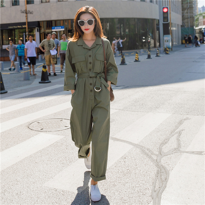 Europe and America spring and autumn new pattern classic Army green work clothes Jumpsuits student Self cultivation Waist Long sleeve Women one-piece garment