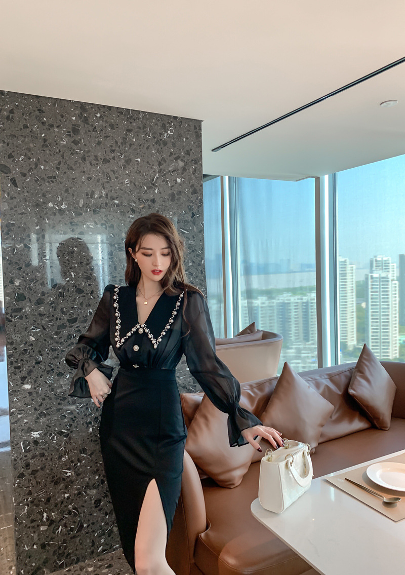 Đầm liền dài tay cổ búp bê xẻ tà ôm eo kiểu Pháp — Màu đen chi tiết 7