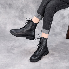 Women's Martin Boots with English Style, Spring and Autumn Single Boots, 2020 New Model, Side Zip Flat Fashion Trendy Genuine Leather Boots