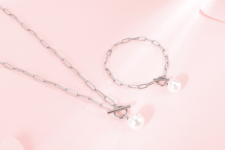 new stainless steel square chain pearl necklace bracelet set wholesale Nihaojewelry