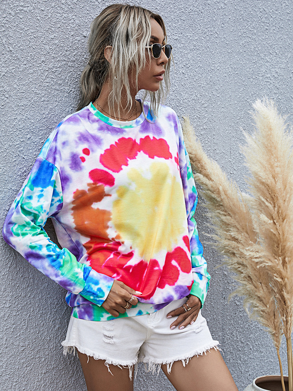women s digital printing round neck long-sleeved tie-dye sweater NSDF499