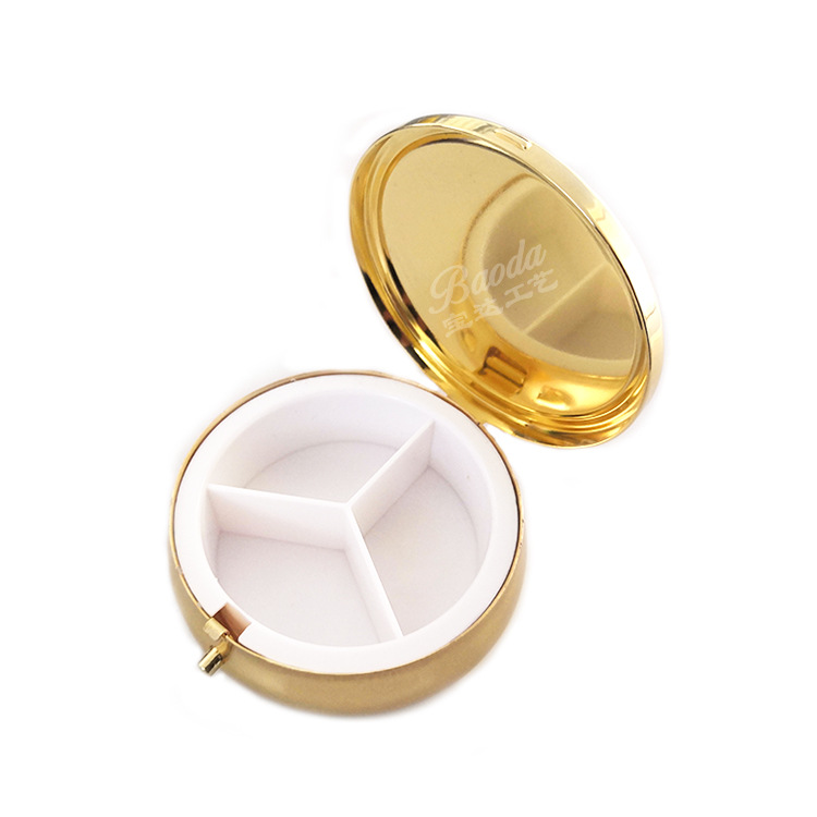 高档金色60圆形三格金属药盒环保便携简药丸盒创意糖果盒定制logo