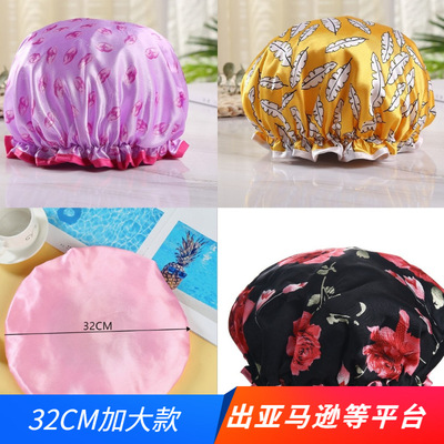 32cm enlarge Thickened paragraph printing Shower cap Satin double-deck Shampoo cap Bath Flashing kitchen Lampblack Foreign trade