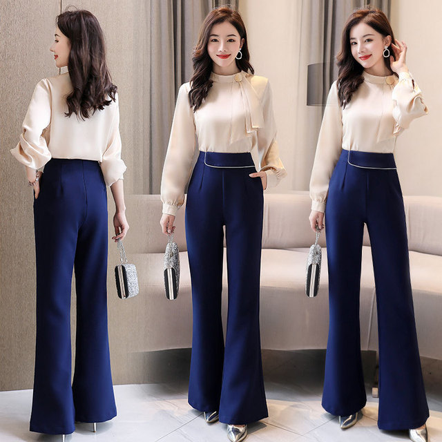 Bell bottomed pants + Chiffon two piece set spring 2020 individual temperament versatile casual Waist Pants Set