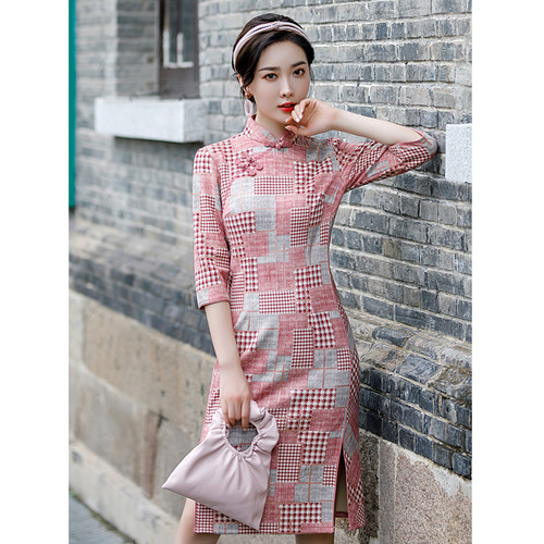 Chinese Dress Qipao for women cheongsam Suede cheongsam with sleeves