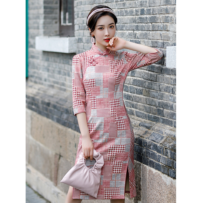 Chinese Dress Qipao for women cheongsam Suede cheongsam with sleeves