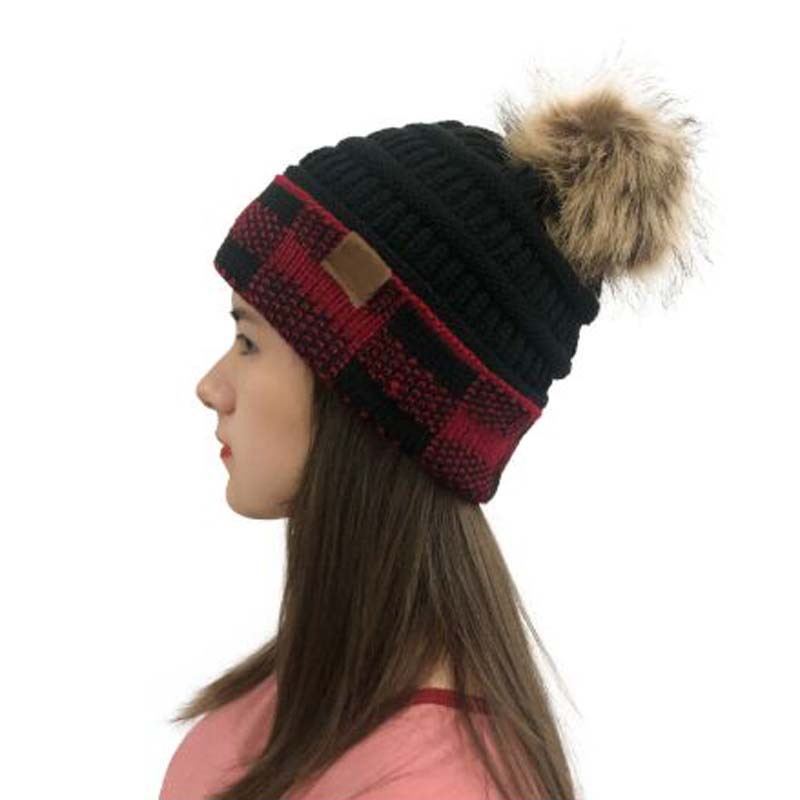 欧美大方格带球针织帽速卖通亚马逊圣诞礼物冬户外保暖女士毛线帽