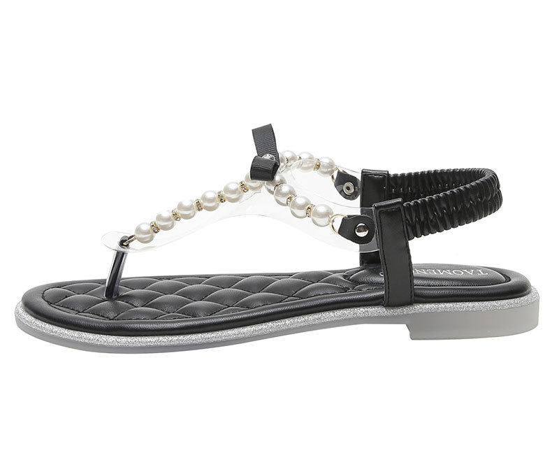 Dép sandal nữ quai ngang đính ngọc trai và đá lấp lánh, đế bệt mũi tròn — Màu mơ, Màu đen chi tiết 21