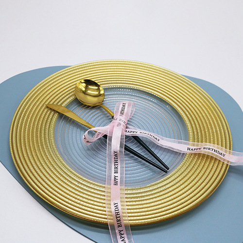 Golden dark green straw hat pattern glass plate for home hotel glass dinner plate Western style steak pasta plate