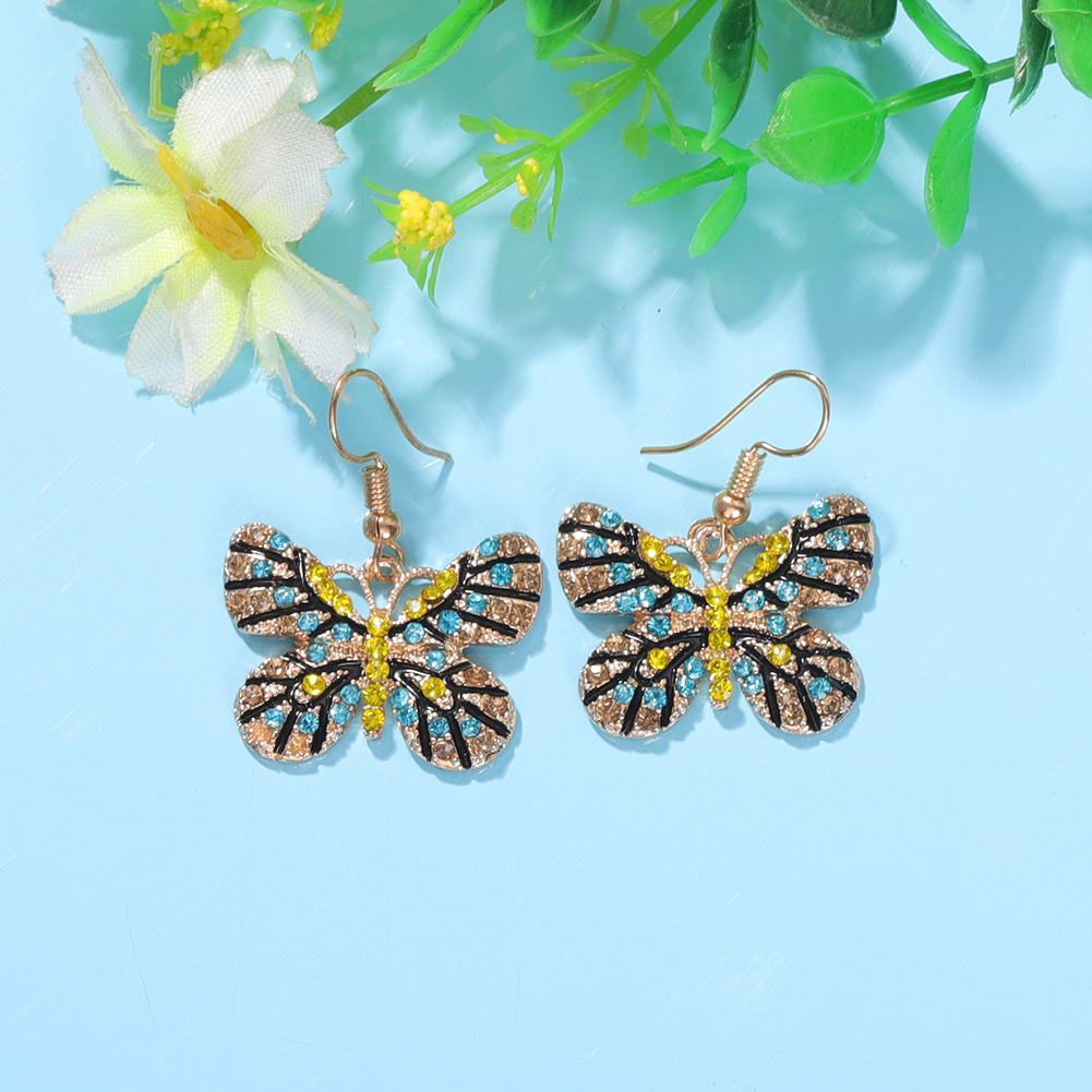 Color Diamond Butterfly Earrings Color Insect Exaggerated Ear Hook Multi-color Super Flash Full Diamond Earrings Wholesale Nihaojewelry display picture 12