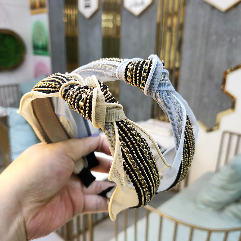 Korean Fashion High-end Root Yarn Chain Knotted Headband Simple Wide-edge Mesh Yarn Hairpin High-end Lace Ribbon Headband Wholesale Nihaojewelry display picture 4