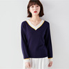 V-neck fashion color contrast loose Pullover new spring autumn knitwear long sleeve Korean women’s wear top