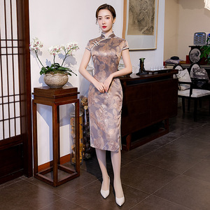 Chinese Dresses Qipao for women robe chinoise cheongsam A short sleeve stand collar long cheongsam print dress