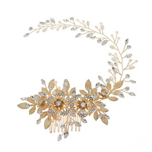 欧美饰品镂空花朵珍珠发梳复古金色长款手工发带秀禾礼服盘发插梳