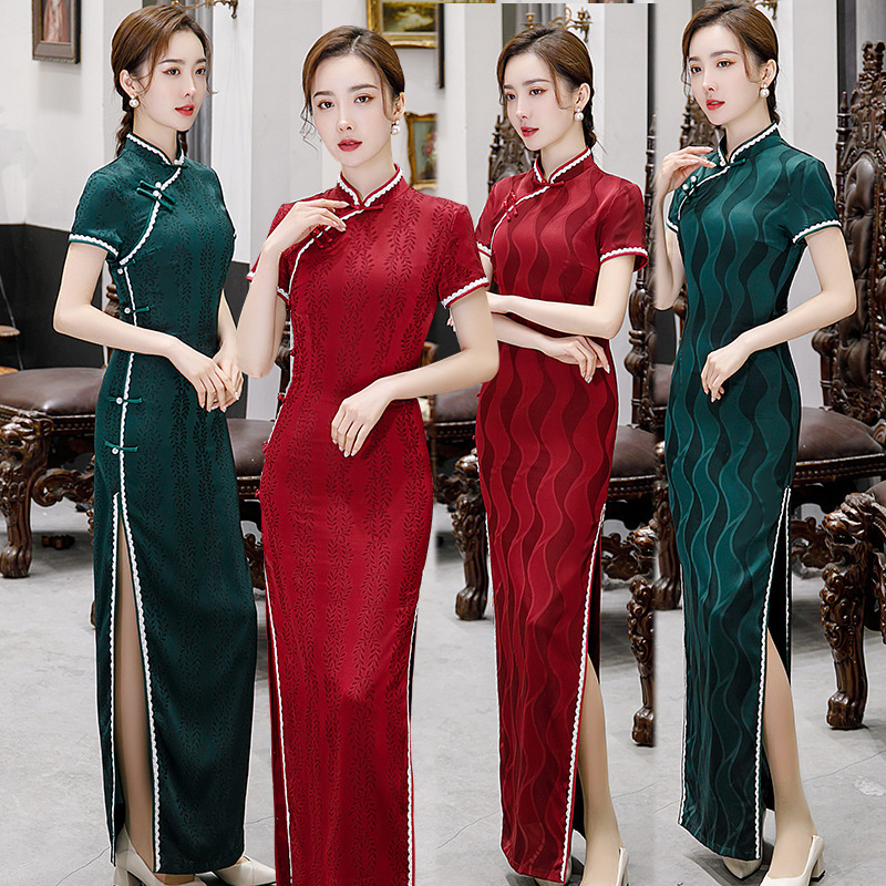 Chinese dress retro cheongsam qiapo dresses for women Long double layer long cheongsam plus size retro slim miss etiquette banquet team show dresses