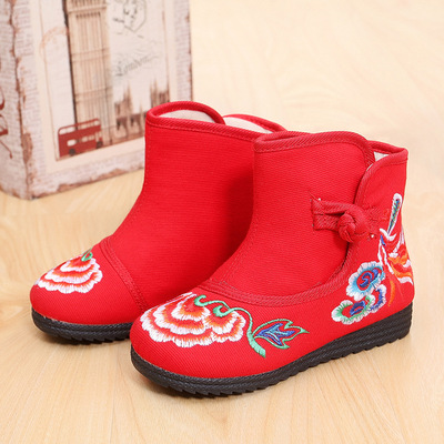 10-02民族风短筒靴秋冬季新款短靴女童圆头扣带绣花布棉靴舞蹈靴|ru