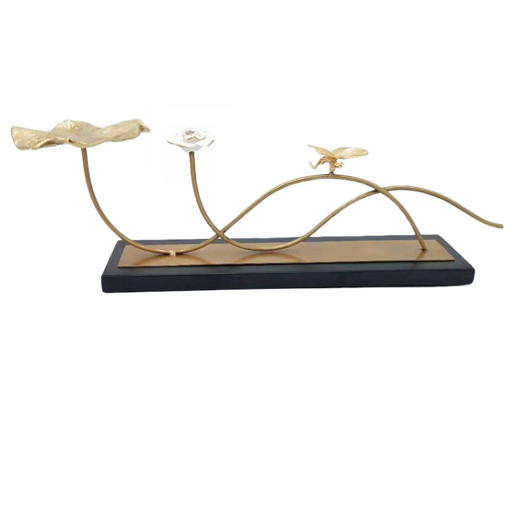 新中式禅意铜荷叶样板房摆件铜蜻蜒家居室内售楼处玄关软装饰品