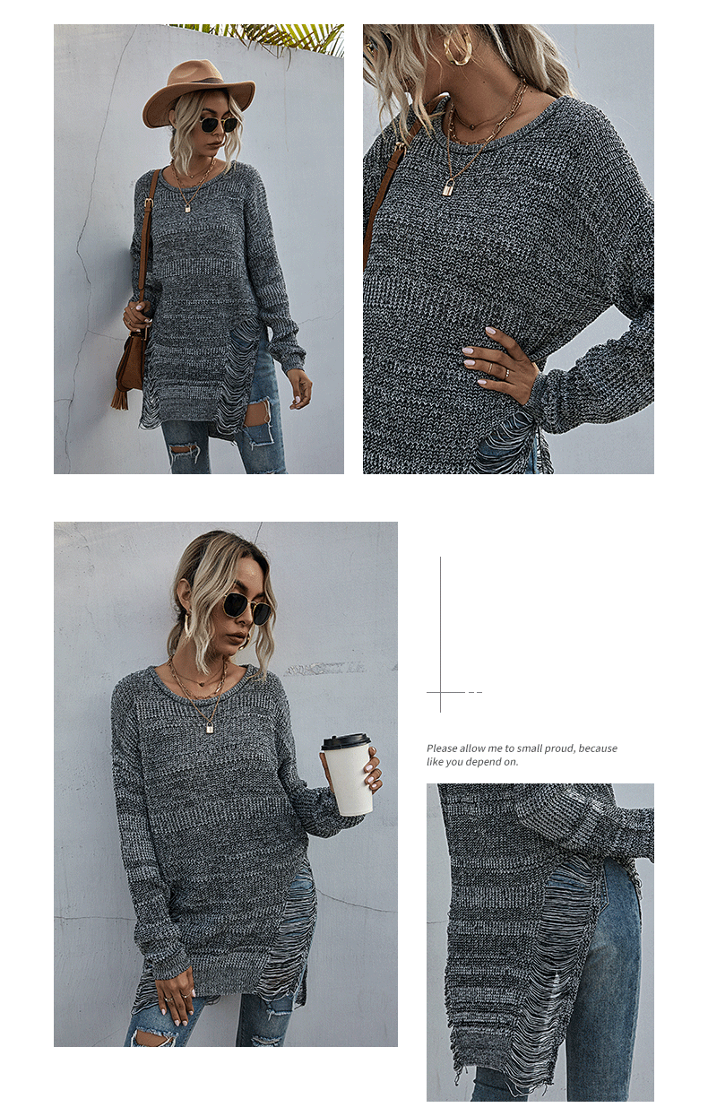 Einfarbiger, langärmeliger Rundhalspullover mit Rissen im Waldstil_voghion.com