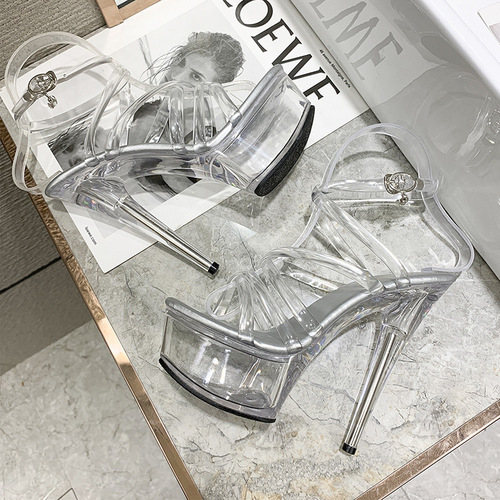  summer fashion European and American pointed toe stiletto transparent waterproof platform wedding super high heel women's casual fashion shoes