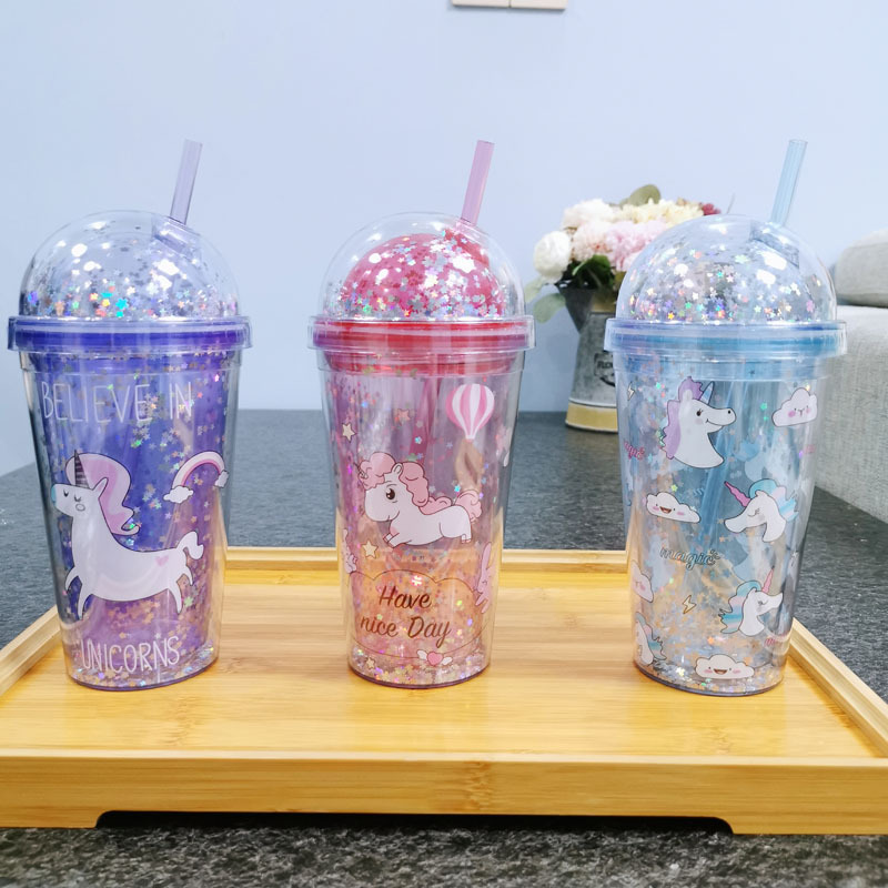 Taza de agua directa de fábrica patrón personalizado unicornio taza ins chica corazón doble capa taza de paja de plástico taza