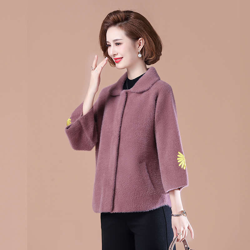 2020新款仿水貂絨上衣中年媽媽針織外套40歲50中老年女裝秋冬大衣