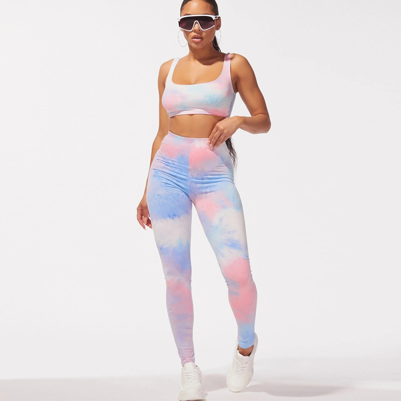 hip-lifting high-elastic sling high waist tight tie-dye vest and trouser yoga set NSBDX132919